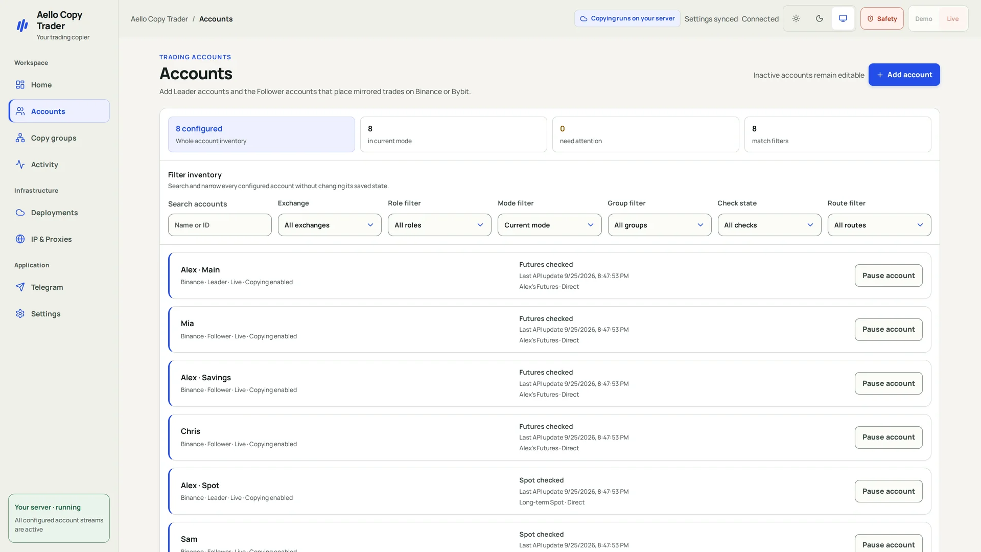 Aello account fleet showing Leader and Follower roles, per-account market readiness, and account controls