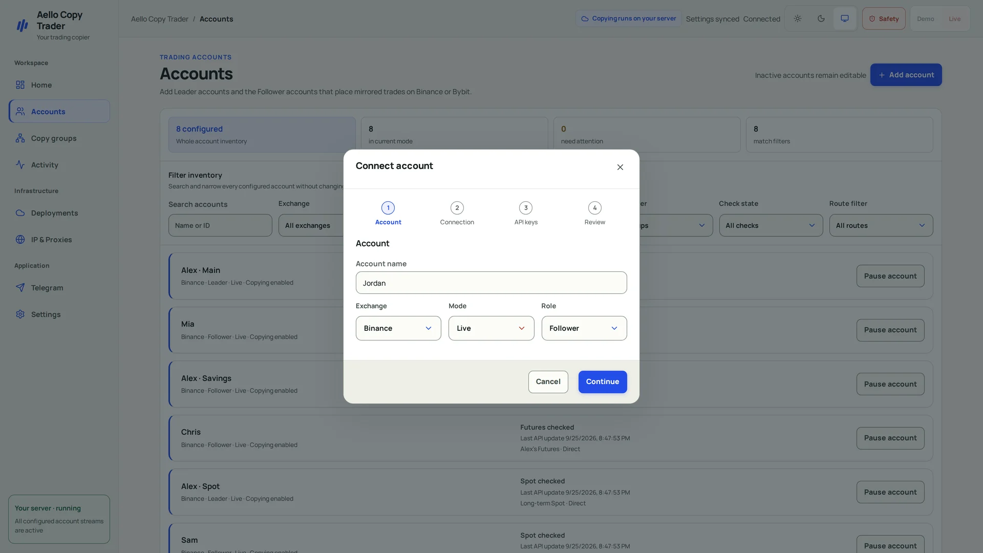 Aello Add Account form with exchange, environment, account role, and local API credential fields