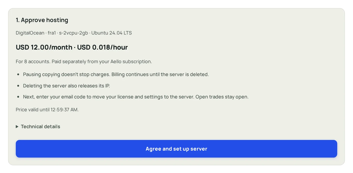Aello server setup showing the DigitalOcean region, plan, and monthly and hourly hosting price to approve before the server is created