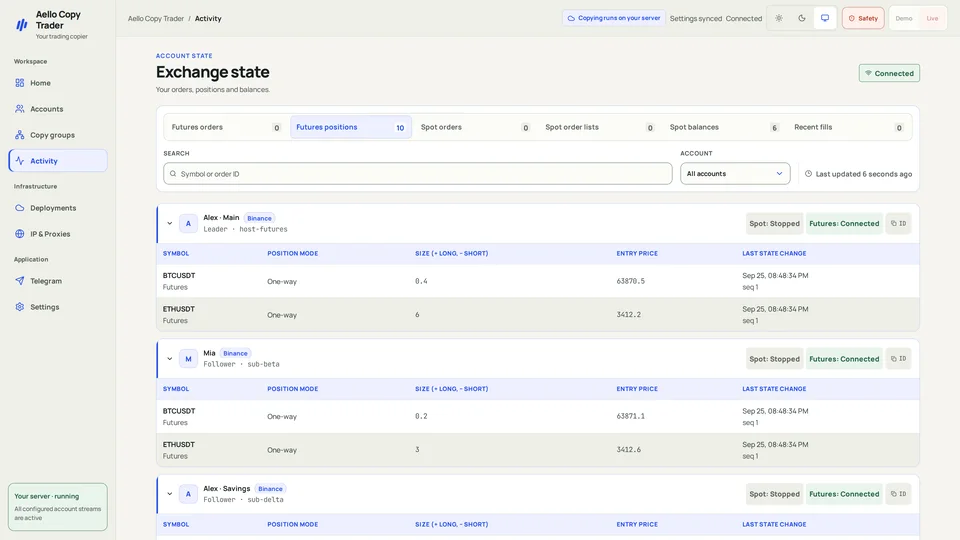 Aello Exchange State view with Leader and Follower orders, positions, fill progress, and account health