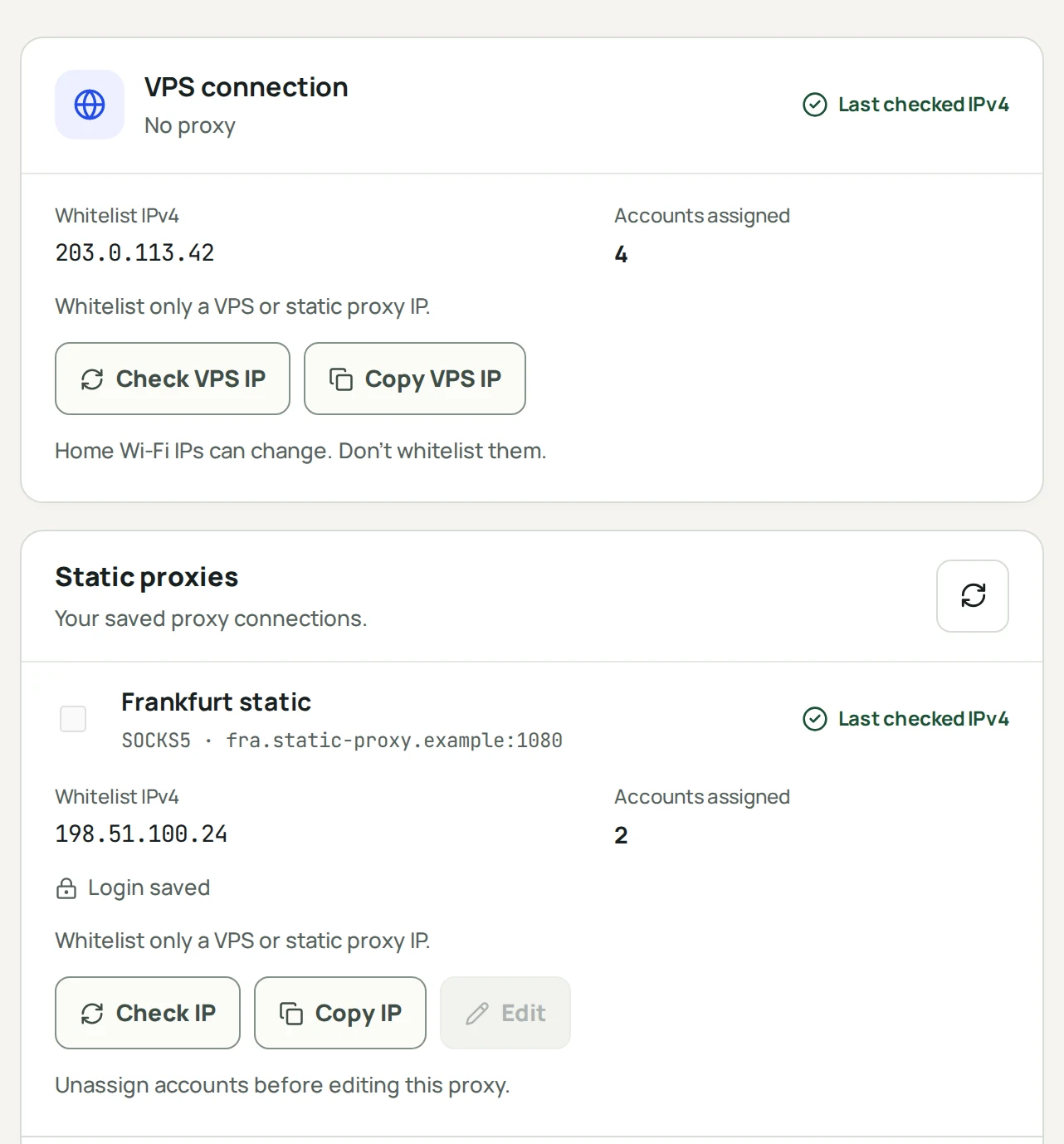 Aello Proxies and IPs page with a private server IPv4 and a static SOCKS5 proxy, each showing its whitelist IPv4 and assigned accounts