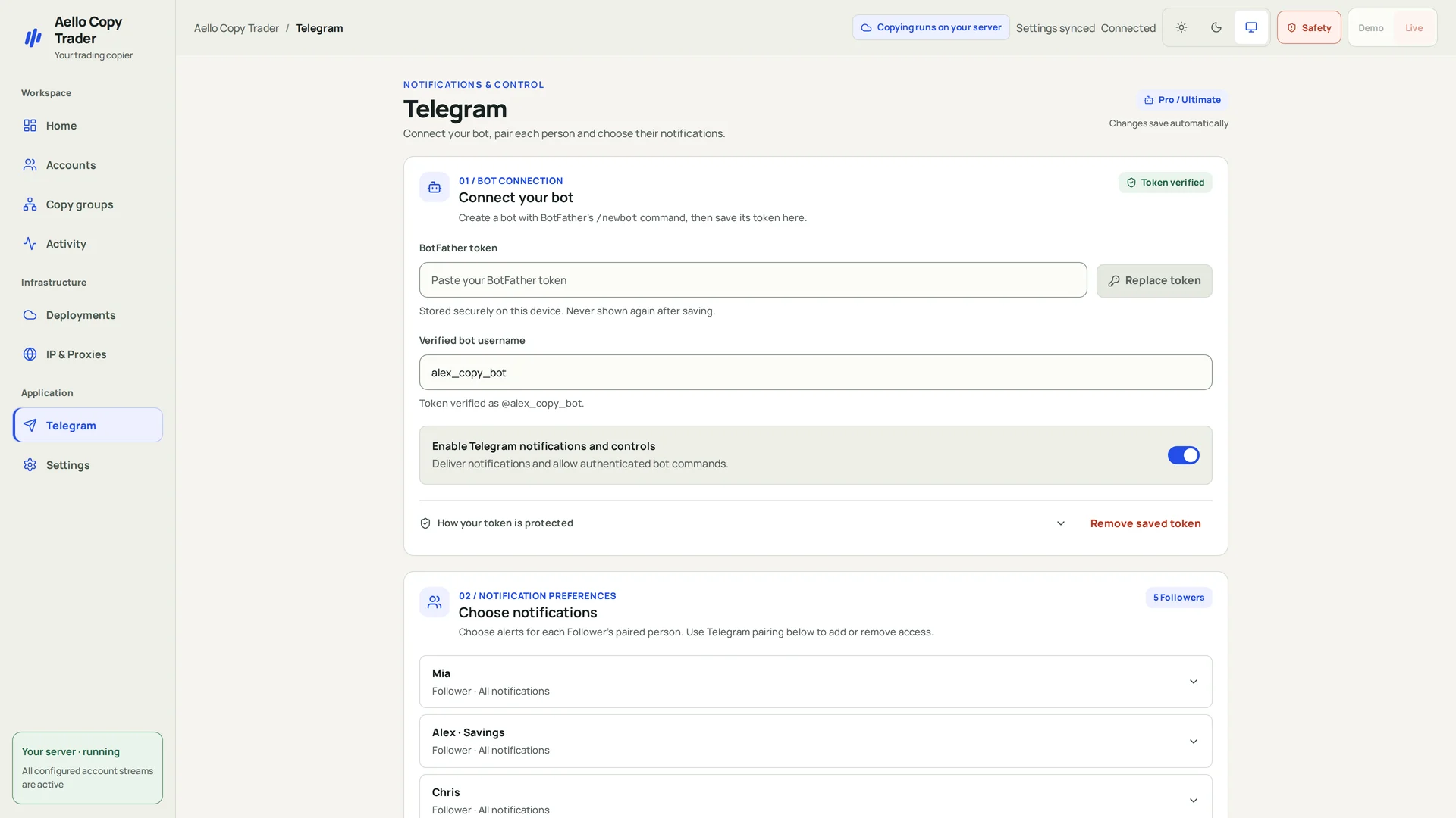 Aello Telegram settings with a verified bot, protected administrator, and per-account recipient mapping
